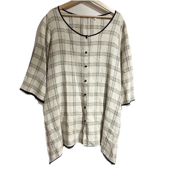Kleen Women Large Cream Black Button Down Tunic Plaid Asymmetrical - Picture 1 of 5